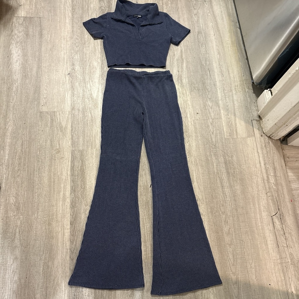 Fashion Nova Navy Ribbed Flare Pants & Top Set